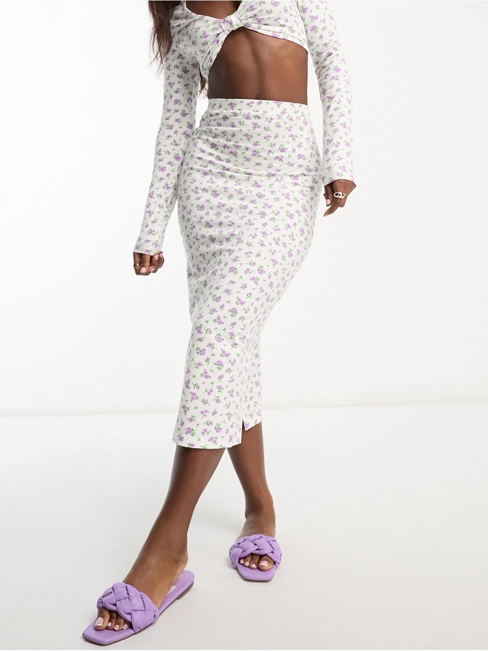 ASOS DESIGN Size Large White + Lilac Purple Ditsy Floral Print Midi Skirt Cotton